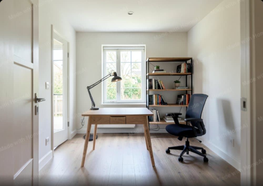 A validated 2D floor plan next to the photorealistic AI interior design render Kansumi generated from it